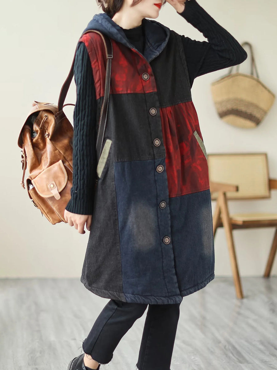 Women Winter Casual  Colorblock Hooded Mid Length Waist Coat