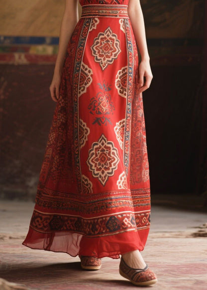 Fashion Red V Neck Print Chiffon Tunic Dress Sleeveless