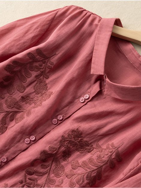 Embroidered 3/4 Sleeve Casual Linen Shirt Top