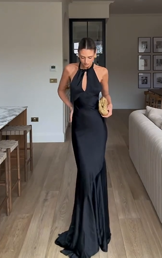 Black Satin Halter Cutout Backless Mermaid Evening Gown