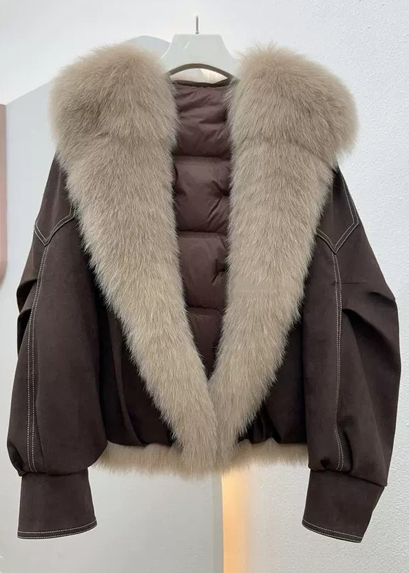 Coffee Button Pockets Solid Fine Cotton Fur Collar