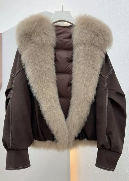 Coffee Button Pockets Solid Fine Cotton Fur Collar