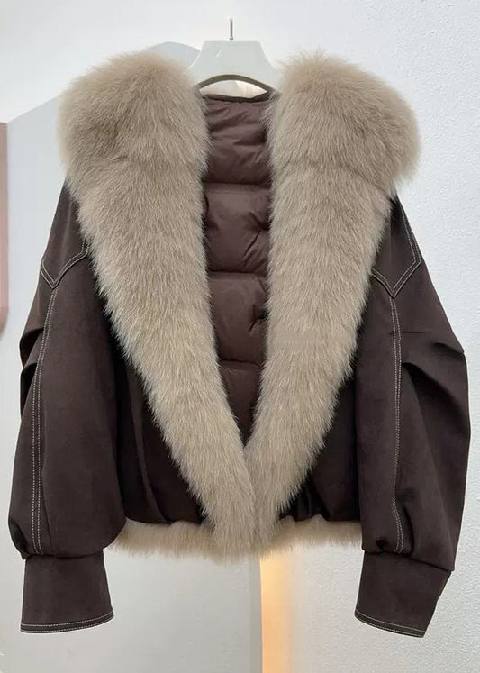 Coffee Button Pockets Solid Fine Cotton Fur Collar