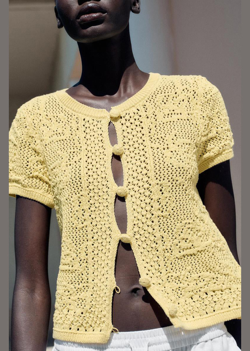 Women Yellow Button Hollow Out Knit T Shirt Summer