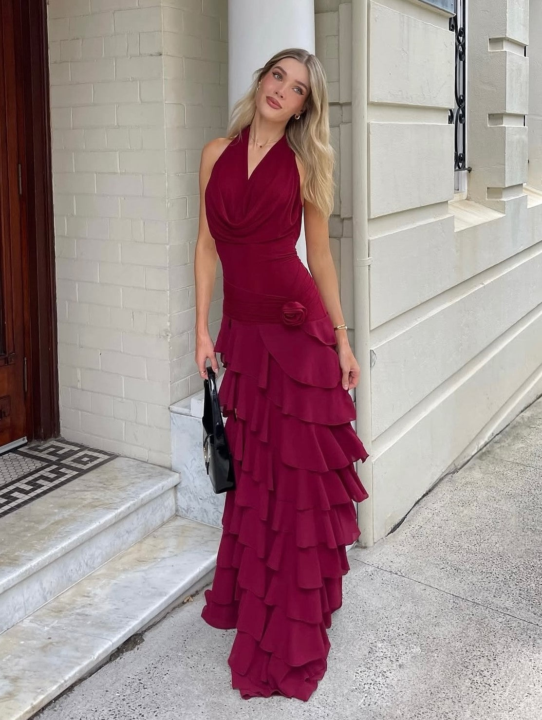 Burgundy Halter Ruched Rose Accent Ruffled Backless Maxi Dress