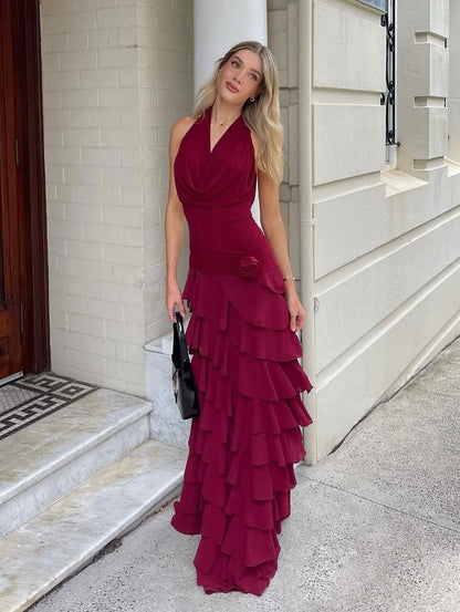 Burgundy Halter Ruched Rose Accent Ruffled Backless Maxi Dress