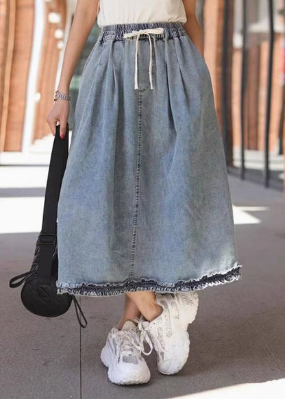 Vintage Light Blue Ruffled Elastic Waist Denim Skirt Summer