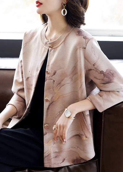 Cute Pink O-Neck Print Button Cotton Knit Coats Three Quarter Sleeve