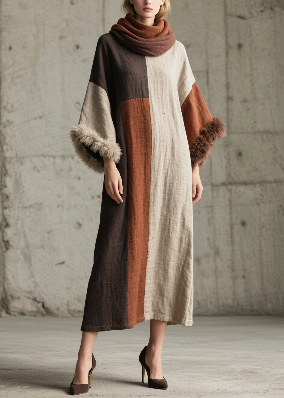 Boho Mixed Color Oversized Patchwork Faux Fur Ankle Dress Flare Sleeve