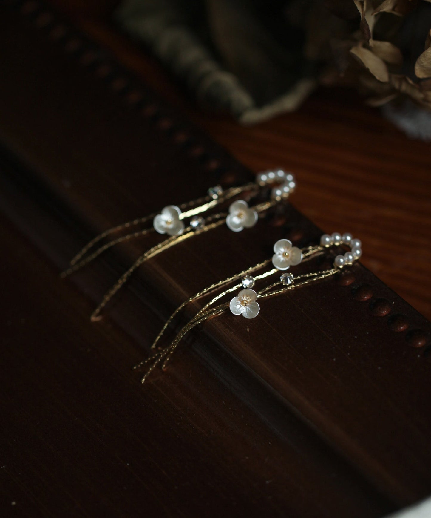 Skinny Gold Alloy Pearl Floral Tassel Drop Earrings