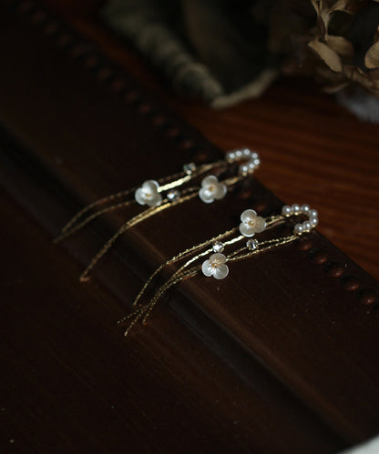Skinny Gold Alloy Pearl Floral Tassel Drop Earrings