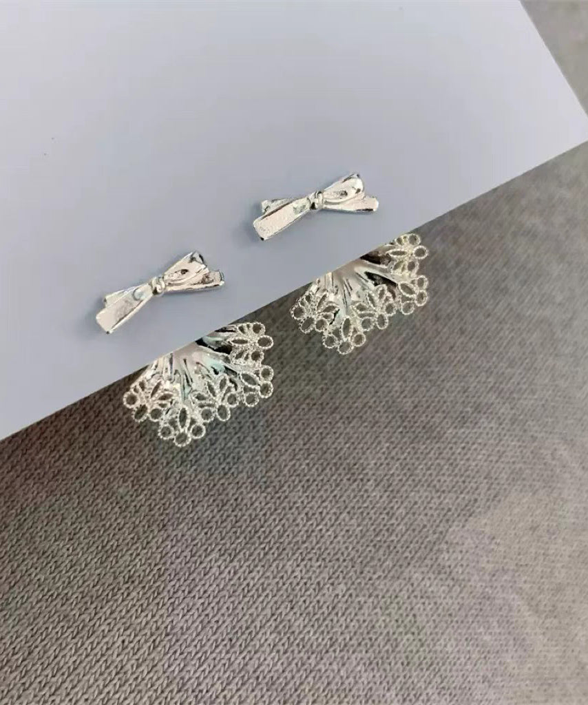 Chic White Sterling Silver Alloy Bow Lace Patchwork Stud Earrings