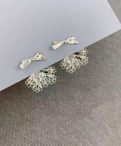 Chic White Sterling Silver Alloy Bow Lace Patchwork Stud Earrings