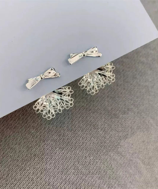 Chic White Sterling Silver Alloy Bow Lace Patchwork Stud Earrings