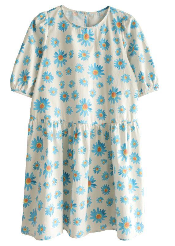 Casual Blue O-Neck Print Summer Cotton Half Sleeve Dresses