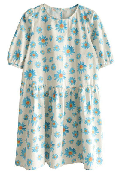 Casual Blue O-Neck Print Summer Cotton Half Sleeve Dresses