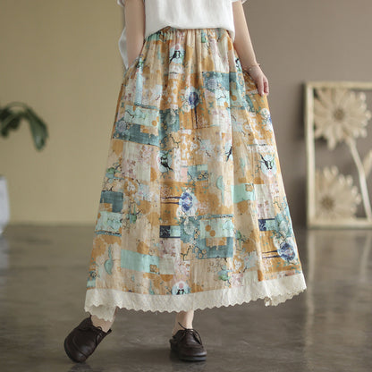 Retro Linen Print Cozy Loose Plus Size A-Line Trimmed Skirt