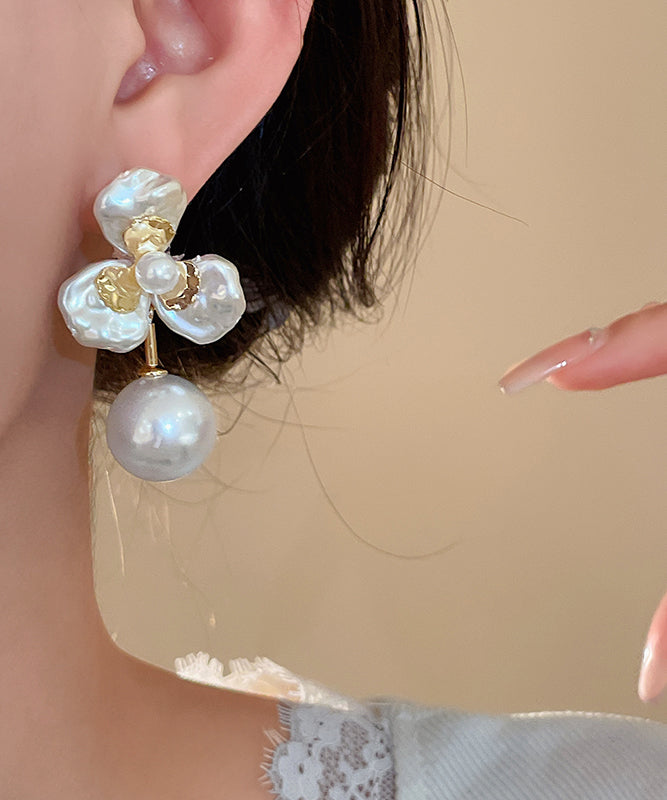 Boutique Gold Copper Alloy Pearl Flora Stud Earrings
