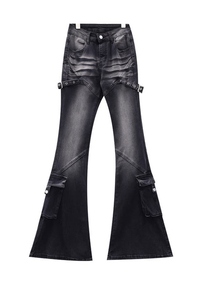 Fine Black Pockets High Waist Patchwork Denim Flared Trousers Fall