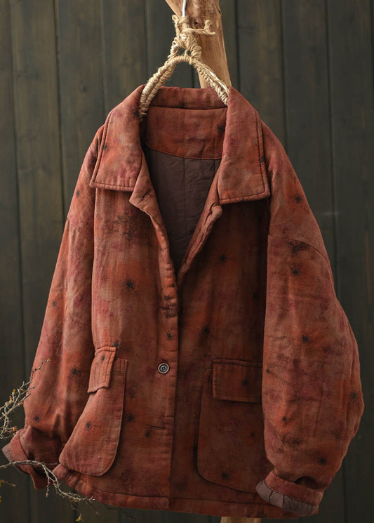 Bohemian Khaki Peter Pan Collar Print Fine Cotton Filled Jacket Spring