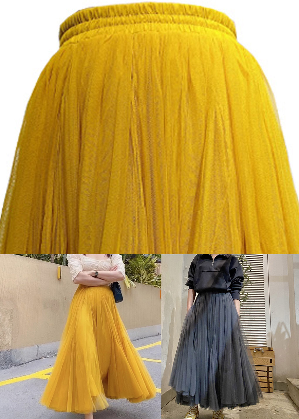 Dark Gray High Waist Pleated Patchwork Tulle Skirts Spring