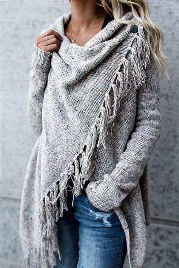 Tassel Asymmetrical Hem Shawl Speckled Fringe Cardigan - Green