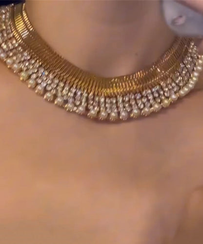 Boho Gold Copper Alloy Zircon Pearl Gratuated Bead Necklace