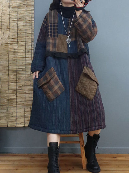 Women Thick Plaid Large Pocket Round Neck Padded Dress