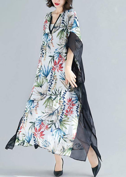 Flowy v neck patchwork chiffon outfit Plus Size Online Shopping white print Kaftan Dresses Summer