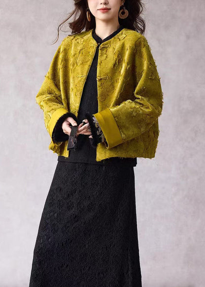 Women Green O Neck Jacquard Fine Cotton Filled Jacket Winter