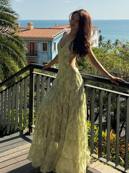 Light Green Jacquard Open-Back Tiered Maxi Dress Set
