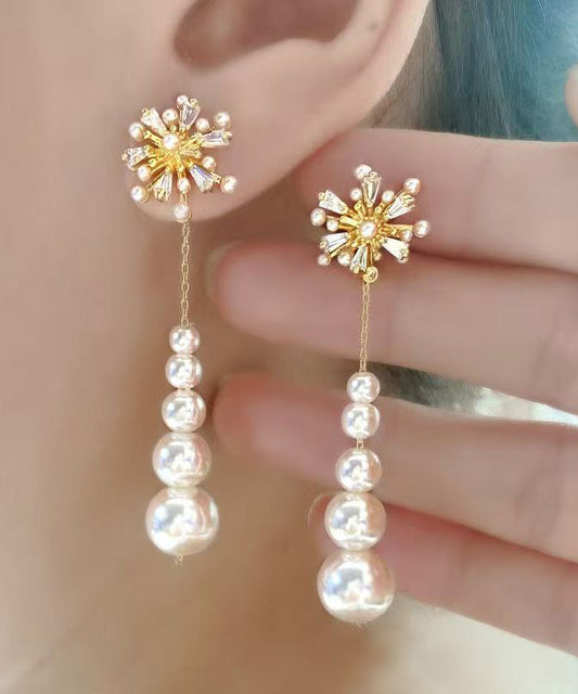 Cute Gold Copper Overgild Pearl Zircon Tassel Drop Earrings