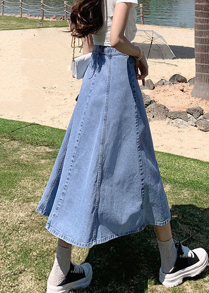Classy Denim Light Blue High Waist Patchwork Button Cotton A Line Skirts Cozy