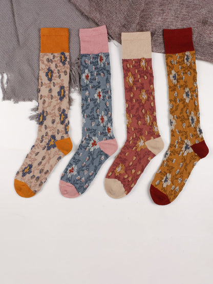 4 Pairs Cotton Vintage Floral Women Long Socks