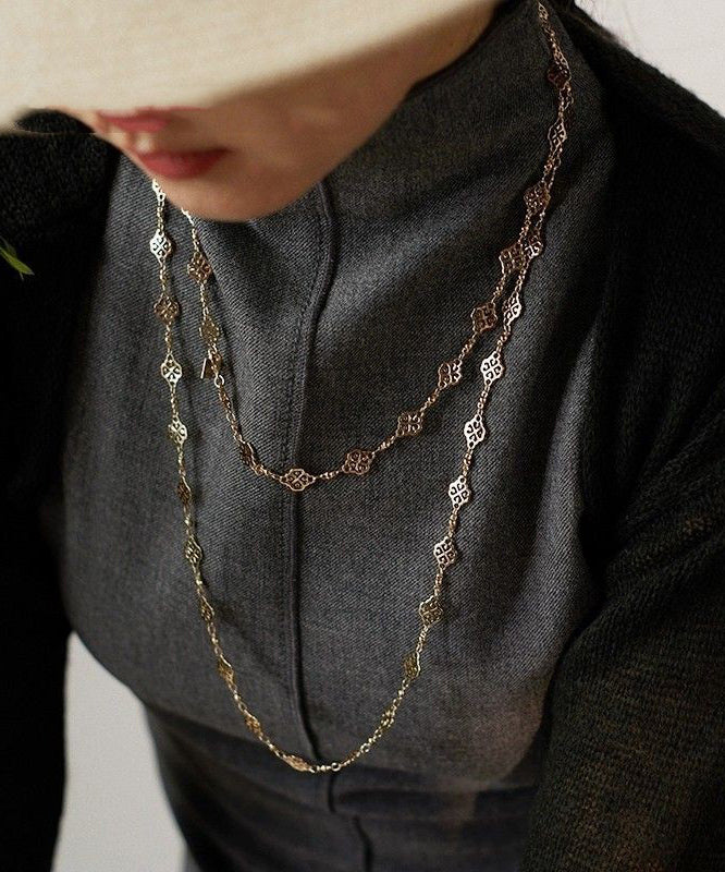 Chic Gold Copper Overgild Hollow Out Floral Sweater Lariat Necklace