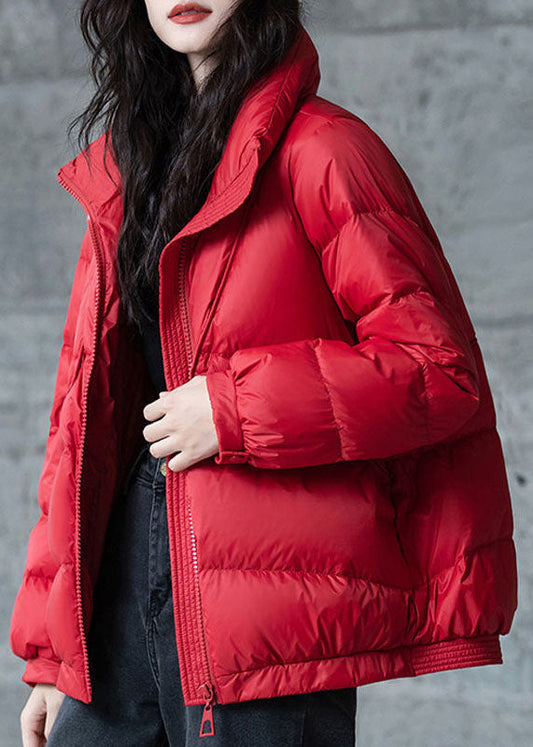 Red Loose cotton blend Puffers Jackets Stand Collar Zip Up Winter
