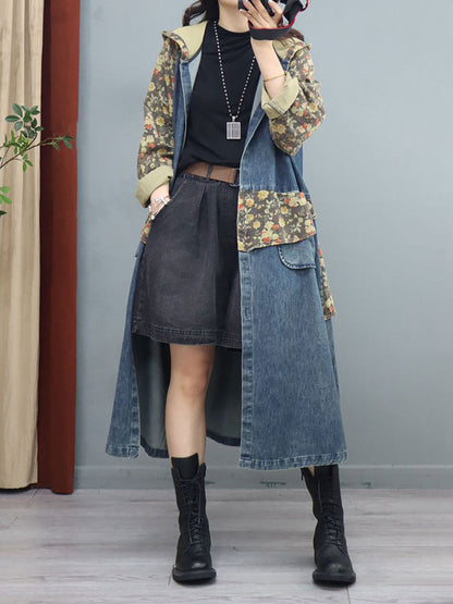 Women Denim Patchwork Print  Hooded Long Coat