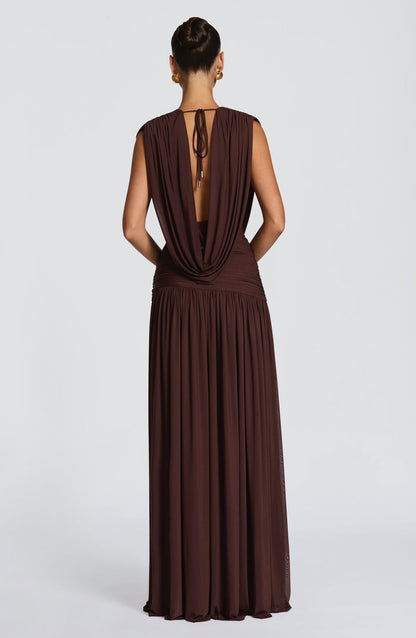 Sexy pleated deep V high slit backless evening gown