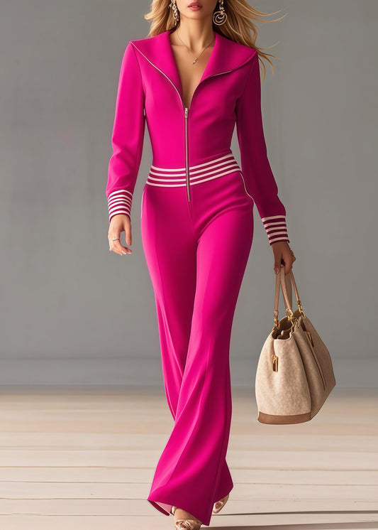 Plus Size Rose Peter Pan Collar Patchwork Striped Chiffon Jumpsuit Spring
