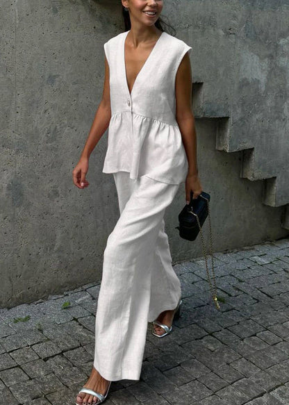 Women Pink V Neck Button Waistcoat And Pants Cotton Two Piece Set Sleeveless