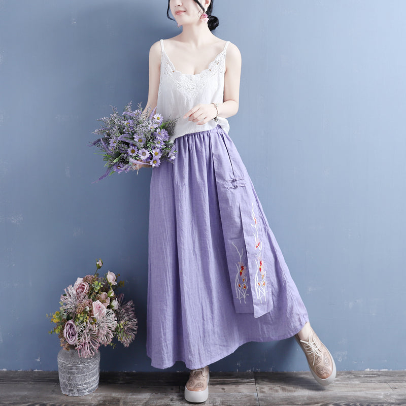 Cozy Retro Loose Cotton Linen Embroidery Skirt