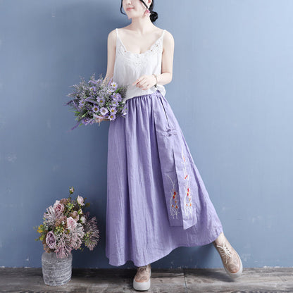 Cozy Retro Loose Cotton Linen Embroidery Skirt