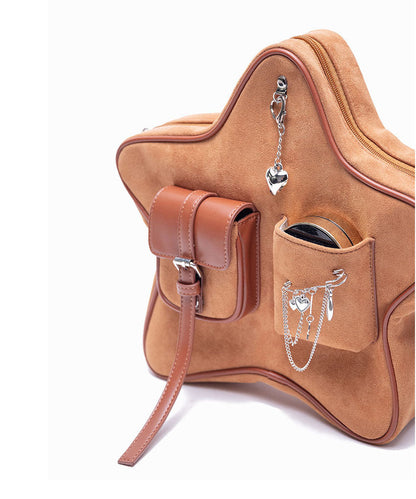 Original Design Light Camel Star Chain Linked Suede Backpack Bag