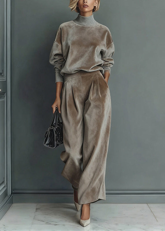Loose Grey Turtleneck Patchwork pullover And Wide Leg Pants Two Pieces Set Spring