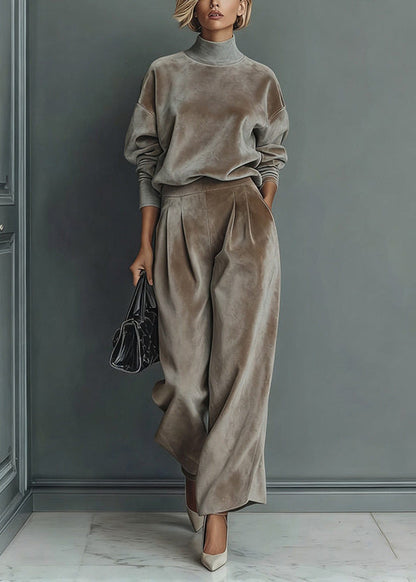 Loose Grey Turtleneck Patchwork pullover And Wide Leg Pants Two Pieces Set Spring