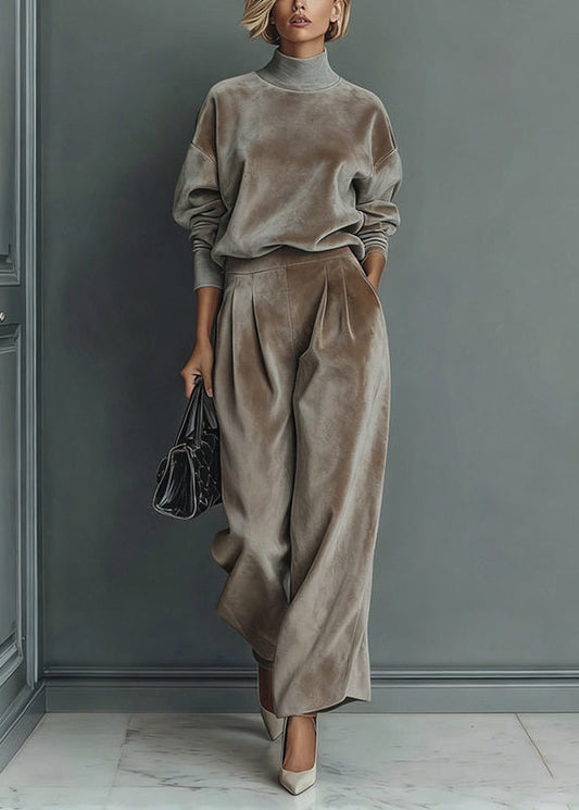 Loose Grey Turtleneck Patchwork pullover And Wide Leg Pants Two Pieces Set Spring