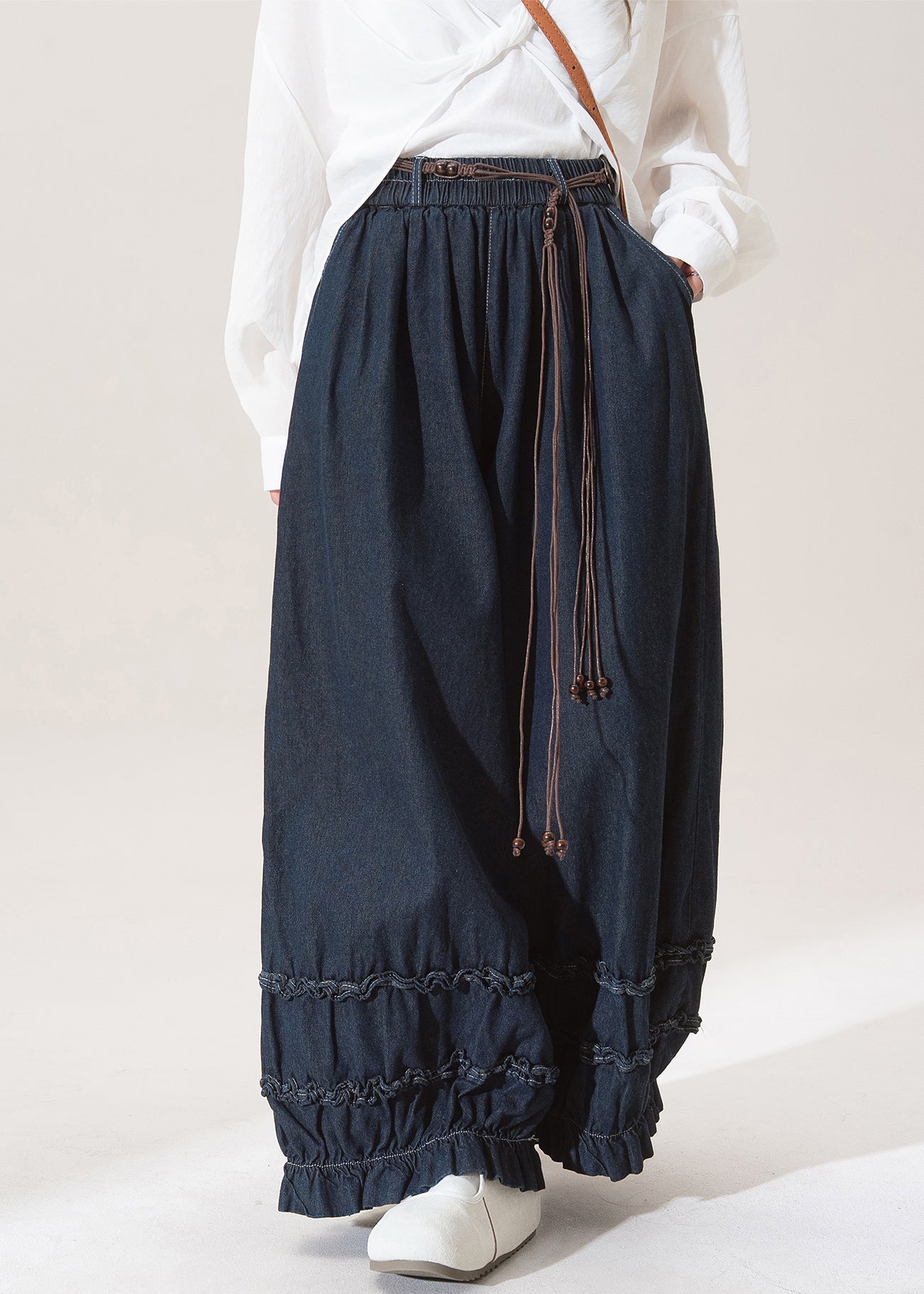 Casual Dark Blue Dark Ruffled Pockets Lantern Jeans Fall