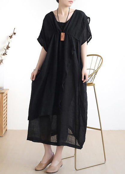 French o neck asymmetric cotton summer dress Sewing black Dresses