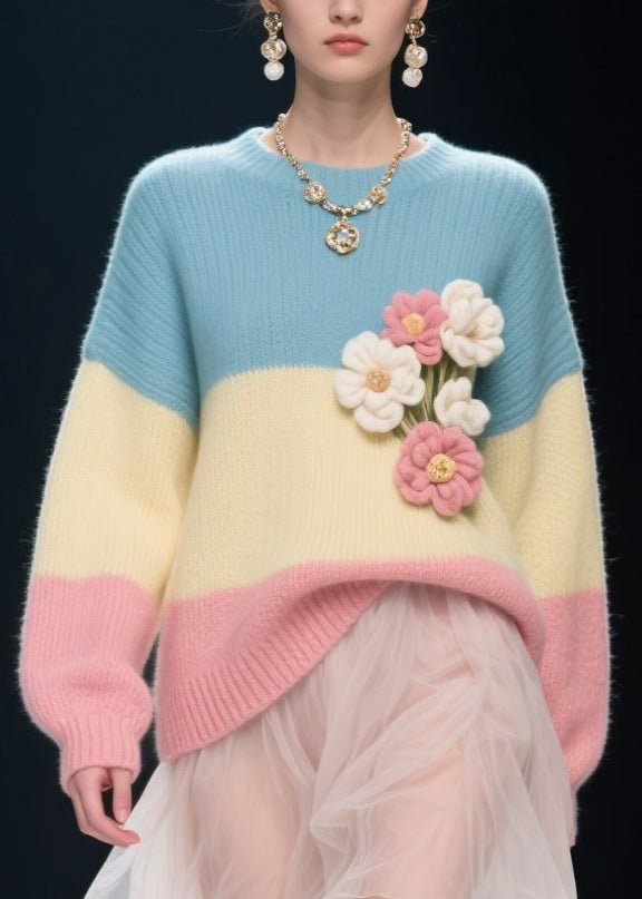 Boutique Colorblock O Neck Floral Knitwear Sweater Fall