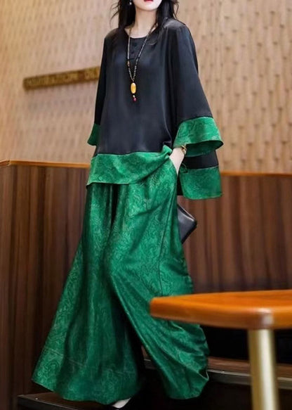 Loose Black O Neck Tops And Green Pants Patchwork Silk Two Pieces Set Fall